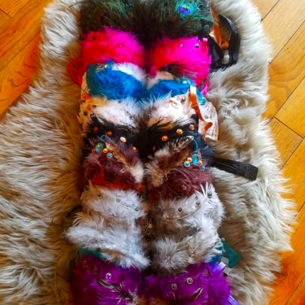 Costume/ festival feathered bras with gems and jewels